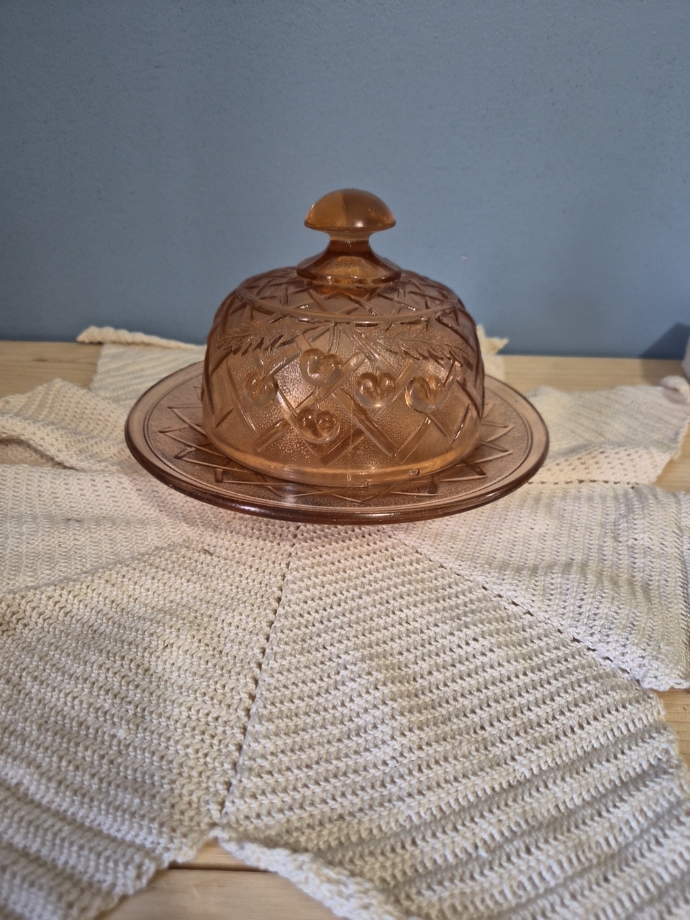 Vintage Mosser Glass Cherry Lattice Pink/Orange Lidded Butter Dish Cheese Dish